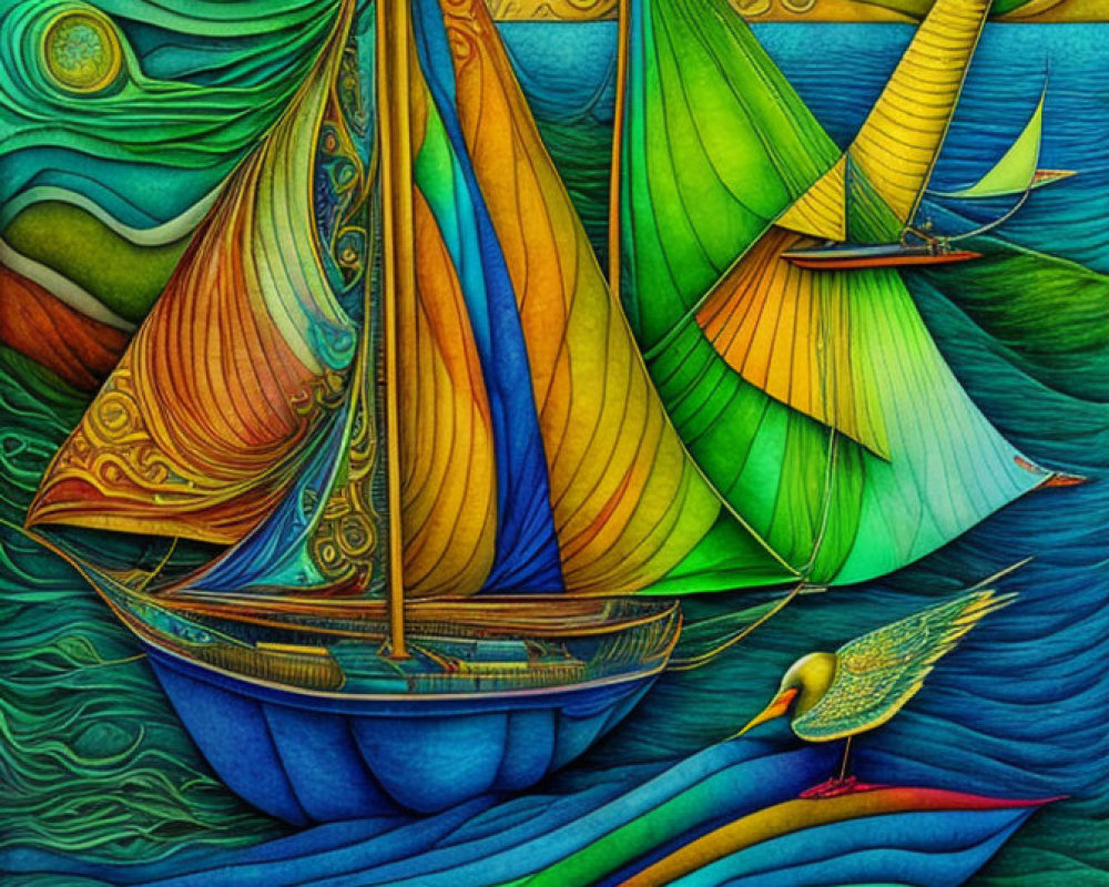 Colorful Sailboats Painting on Patterned Blue Seas