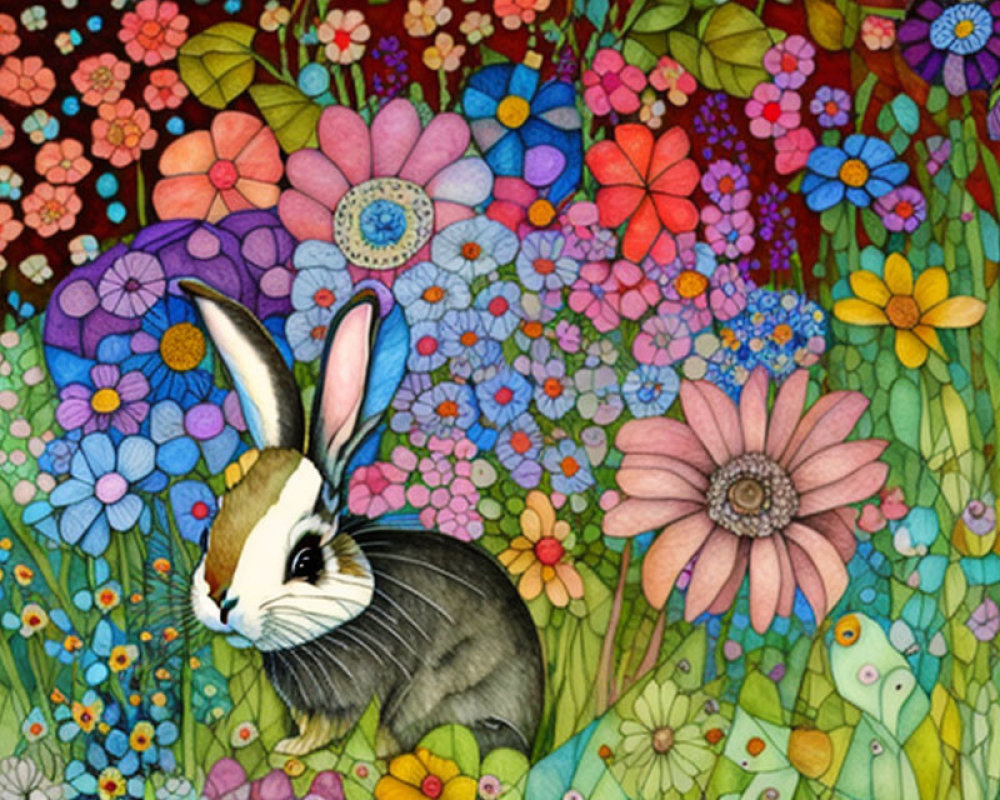 Colorful Rabbit Illustration in Vibrant Floral Background