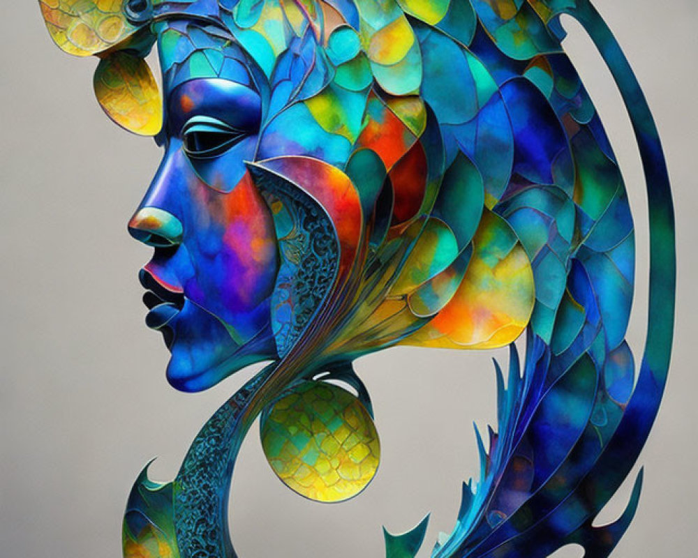 Colorful human-fish hybrid art in iridescent blue and green hues