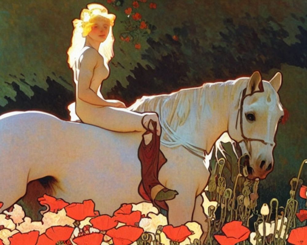 Woman on White Horse in Red Poppy Field with Laurel Wreath