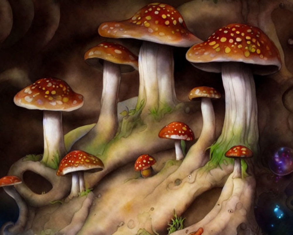 Illustration of red-capped mushrooms in enchanted forest landscape