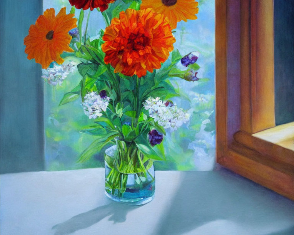 Vibrant bouquet of orange and red flowers in clear glass on table by sunlit window