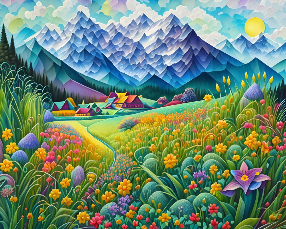 Colorful painting of lush valley with flowers, cottages, and mountains