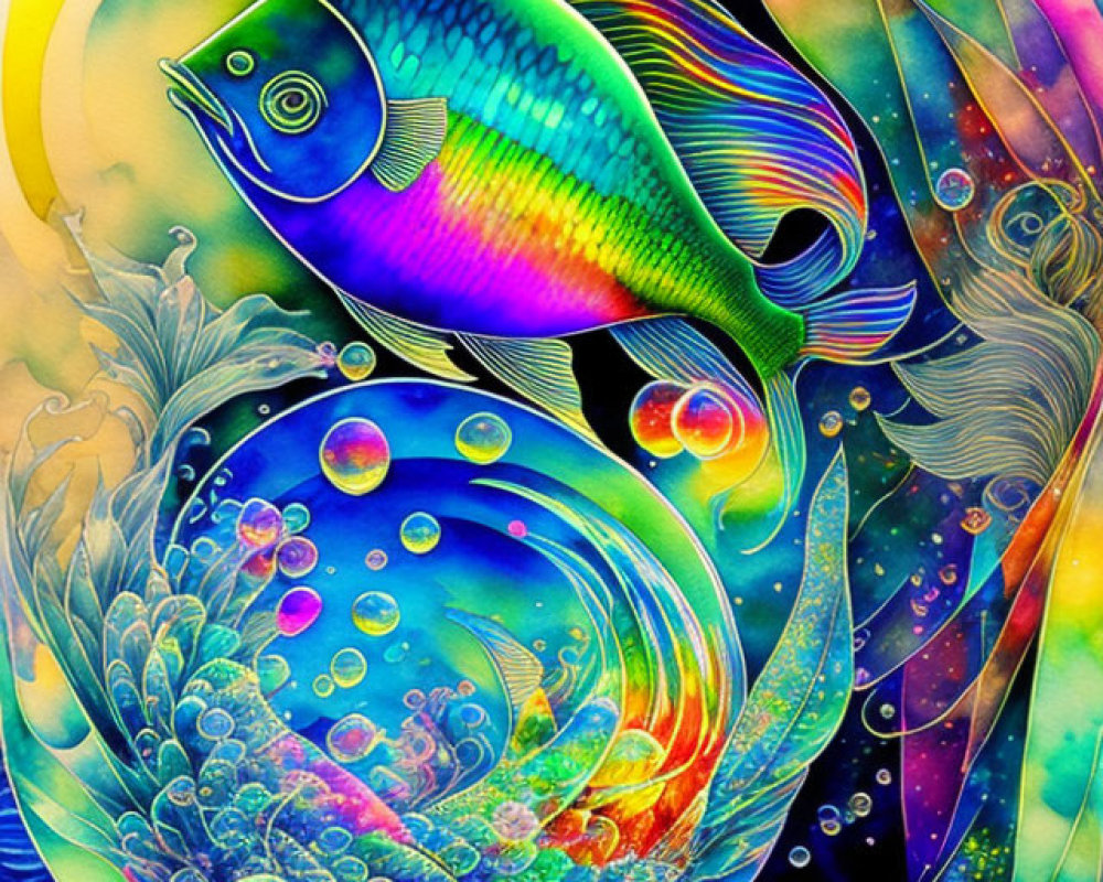 Colorful Fish in Neon Underwater Scene with Psychedelic Patterns