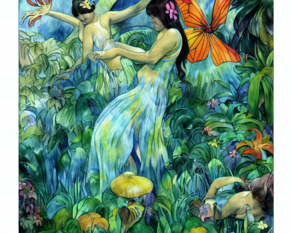 Whimsical painting of two fairies in lush forest