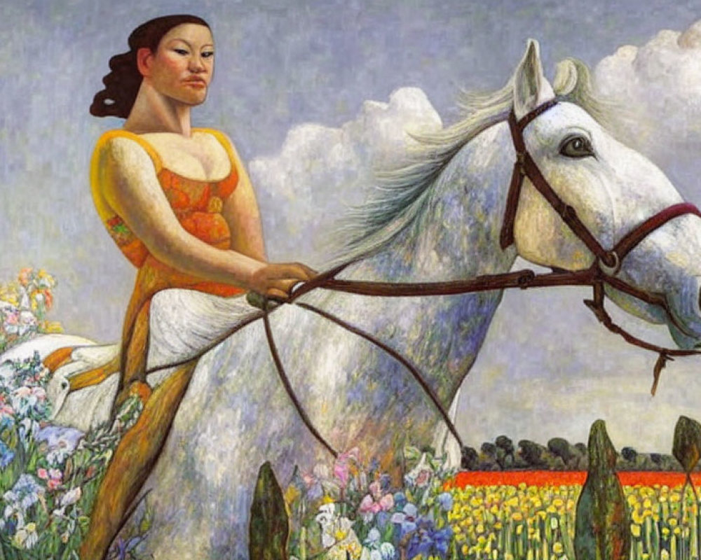 Woman riding white horse in vibrant flower field under cloudy sky