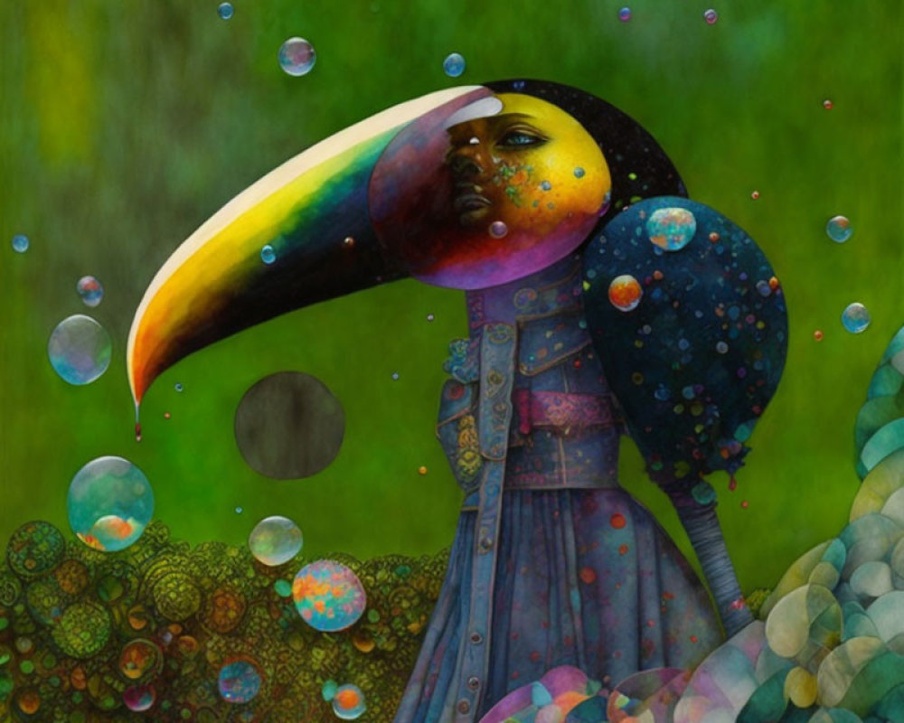 Surreal portrait with cosmic toucan head in lush celestial landscape