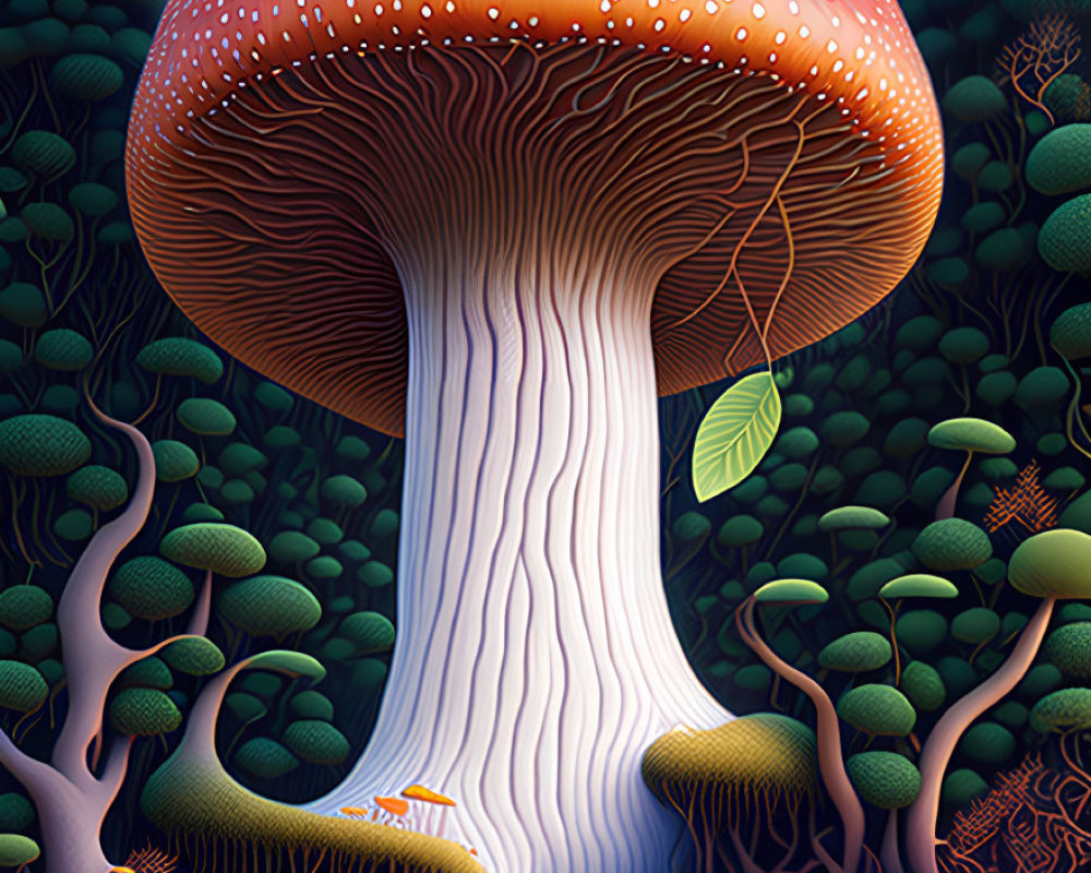 Colorful digital painting of large red-capped mushroom in fantastical forest