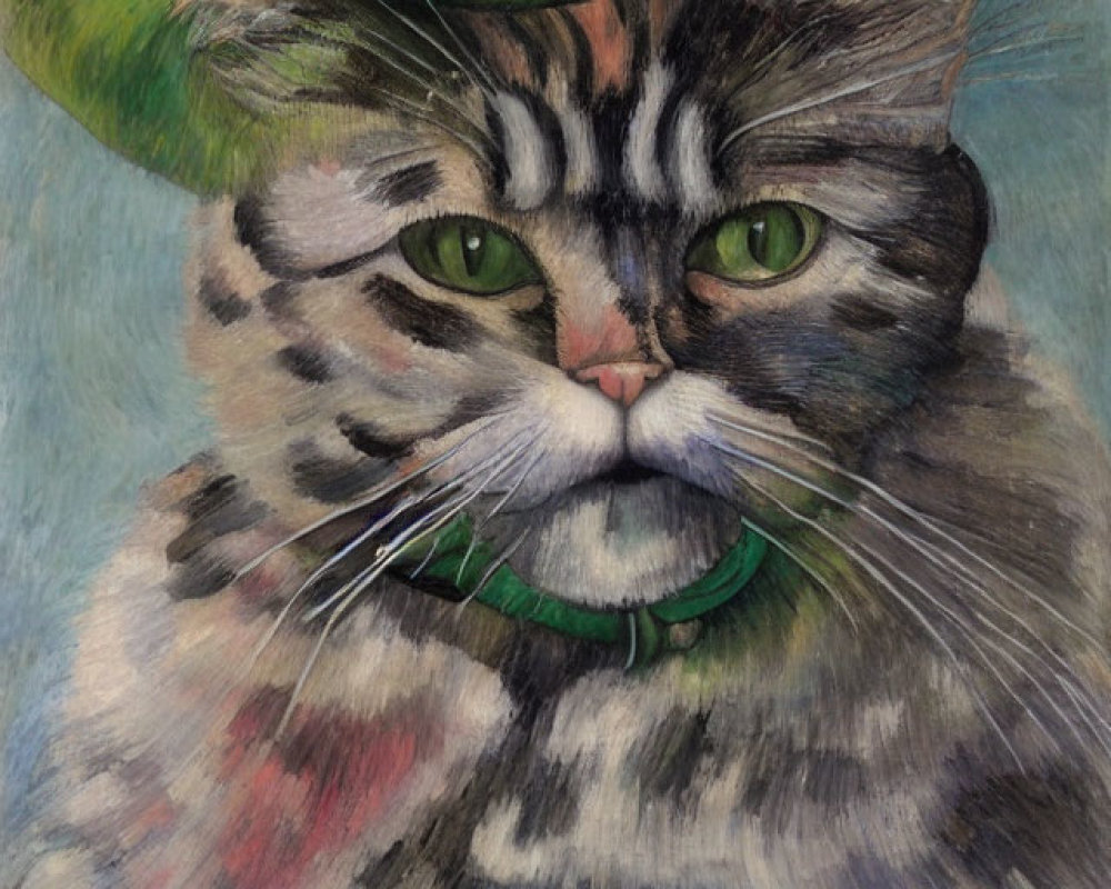 Cat portrait with green eyes, collar, leaf, and blue background