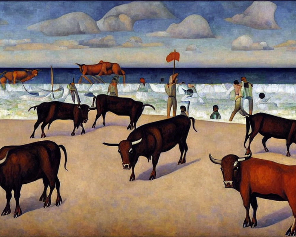 Stylized beach scene painting with blue sky, sea, and brown bulls