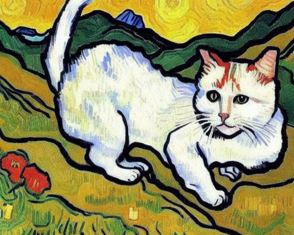 White Cat Painting with Striking Eyes in Van Gogh Style