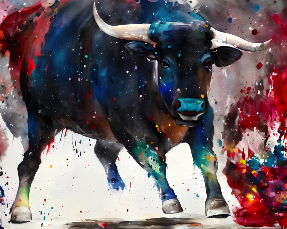 Colorful Abstract Bull Painting with Red, Blue, and Black Splashes