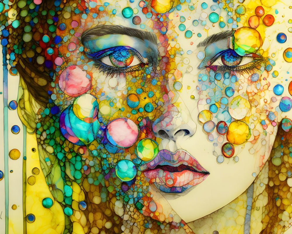 Colorful portrait of woman's face with multicolored bubbles, detailed eyes and lips