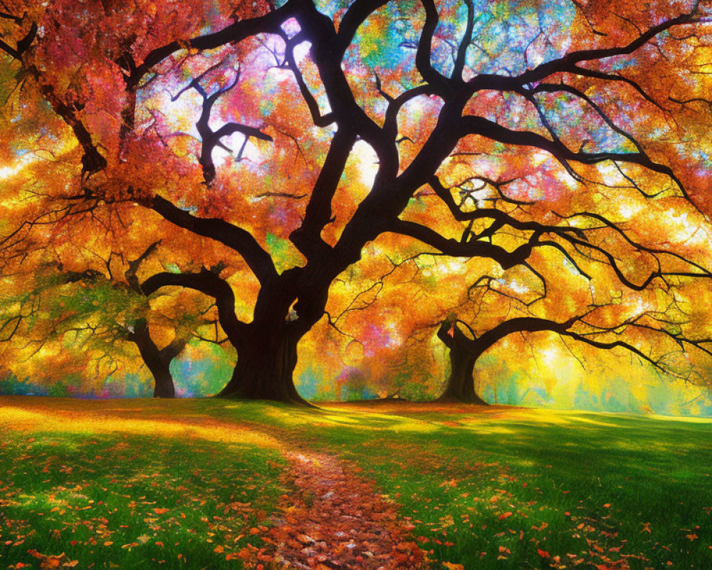 Scenic autumn landscape with wide tree branches and fallen leaves