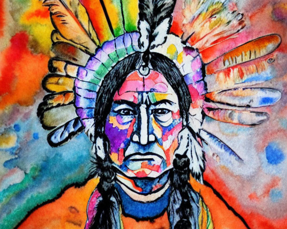 Vibrant watercolor portrait of a person in Native American headdress