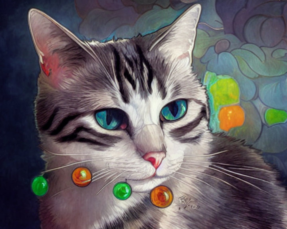 Stylized artistic image of a cat with blue eyes and beads on fur