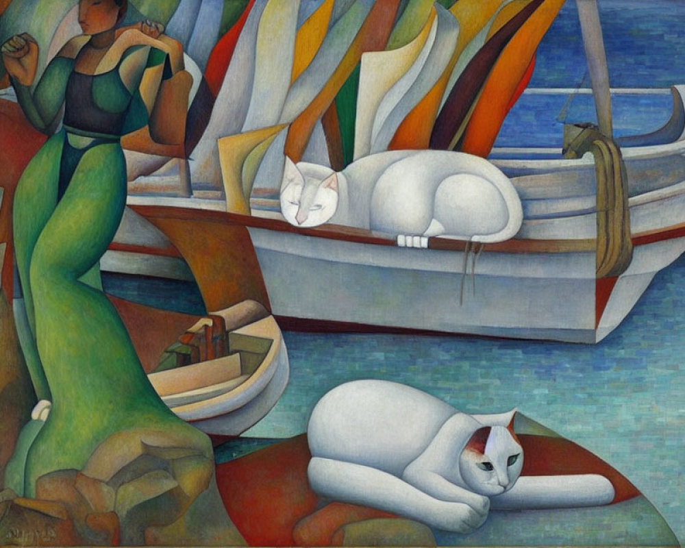 Stylized painting of woman in green dress with white cats by boats