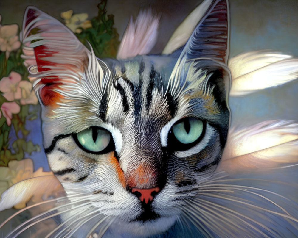 Digitally painted portrait of a cat with green eyes and vibrant fur textures on floral background