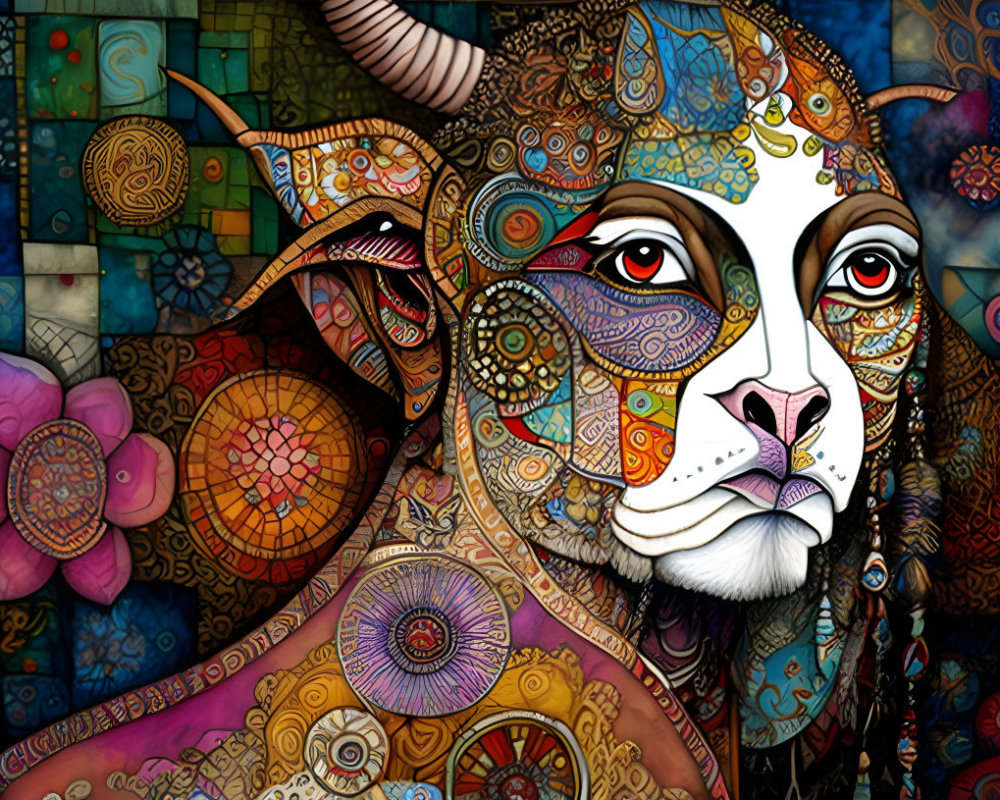 Colorful Abstract Mosaic Artwork of Goat's Face with Floral Patterns