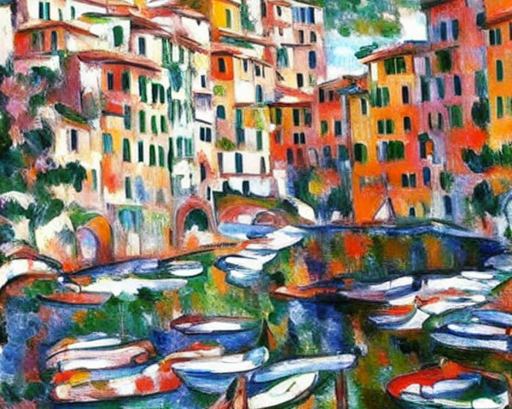 Vibrant Coastal Village Painting with Multicolored Buildings & Boats