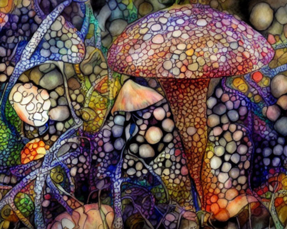 Colorful Abstract Mushroom Art with Bubble Background