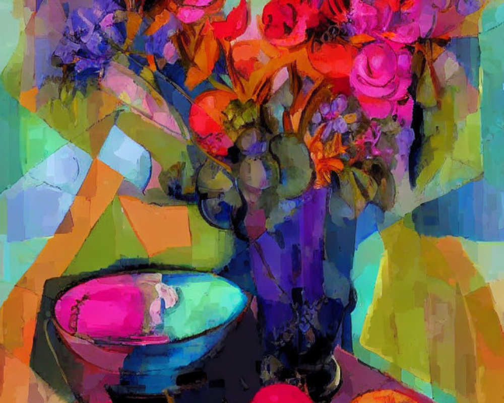 Colorful abstract digital painting of flower arrangement and fruit bowl