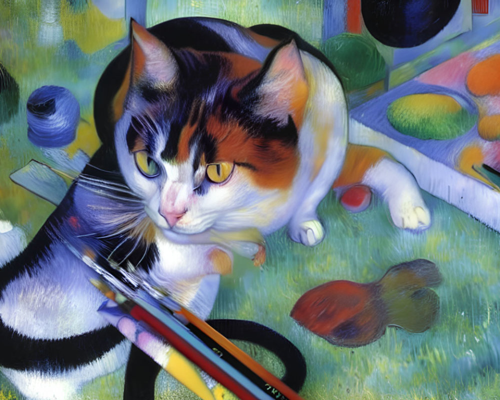 Vibrant tri-color cat painting with palette and fruit