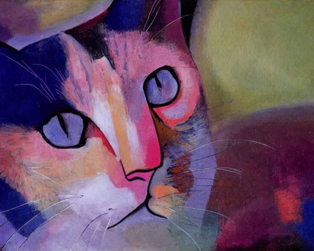 Colorful Abstract Cat Face Painting with Prominent Eyes and Dreamy Brush Strokes