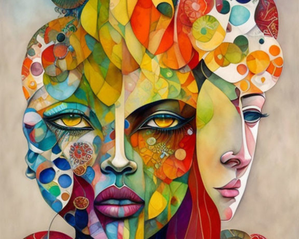 Surrealist painting of two overlapping faces with vibrant, multicolored features