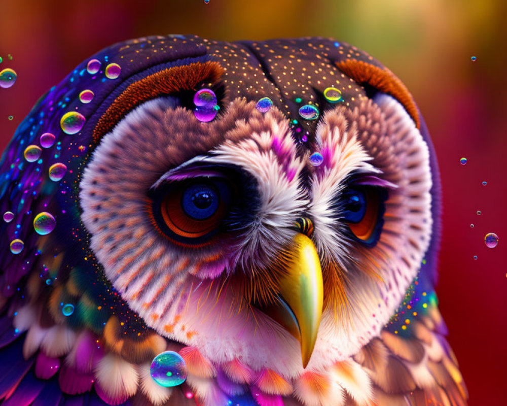 Colorful Owl Portrait with Floating Bubbles on Red Background