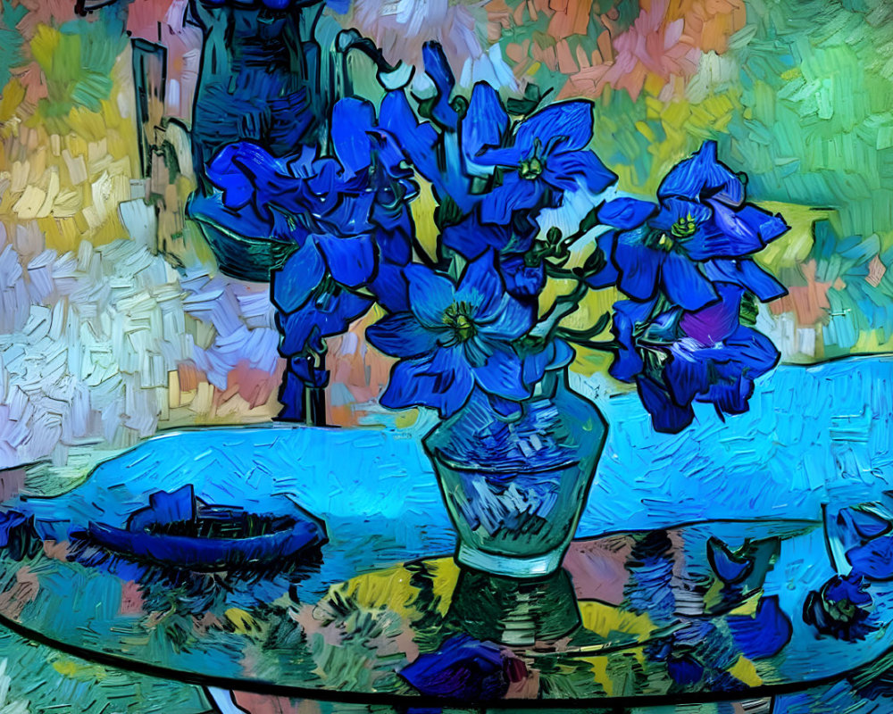 Impressionist-style painting of blue flowers in a clear vase on a round table