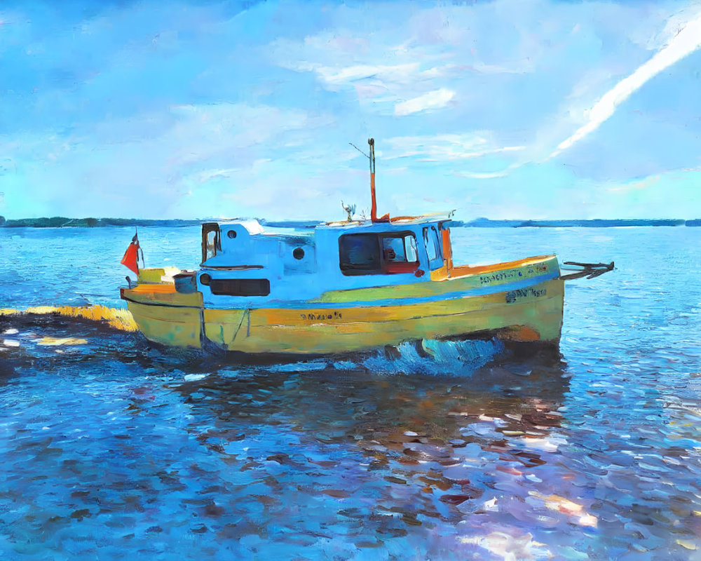 Vibrant painting of yellow and blue boat with Danish flag in calm waters