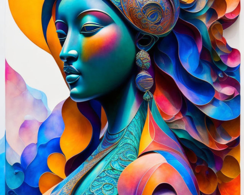 Colorful Artwork: Stylized Woman with Moon Headpiece & Feathery Backdrop