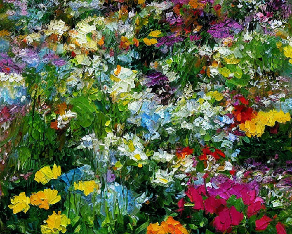 Vibrant garden painting with multicolored flowers and textured brushstrokes