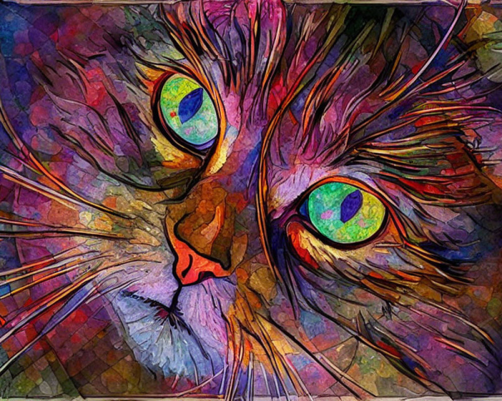 Colorful Stylized Cat Artwork with Purple, Red, Yellow Fur & Green Eyes