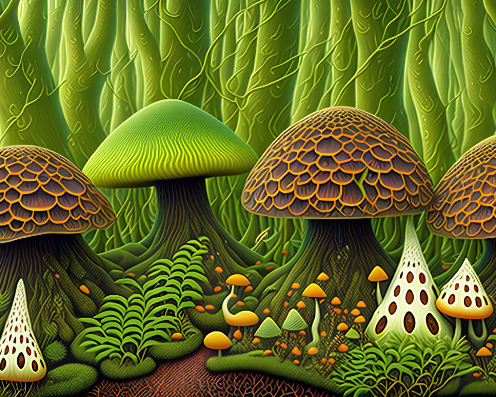 Colorful digital artwork: Whimsical forest floor with oversized mushrooms