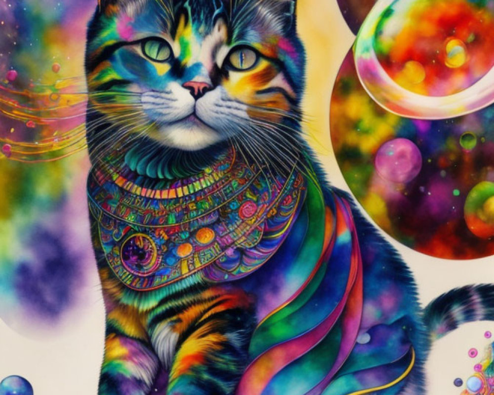 Colorful Psychedelic Cat Illustration with Cosmic Backgrounds