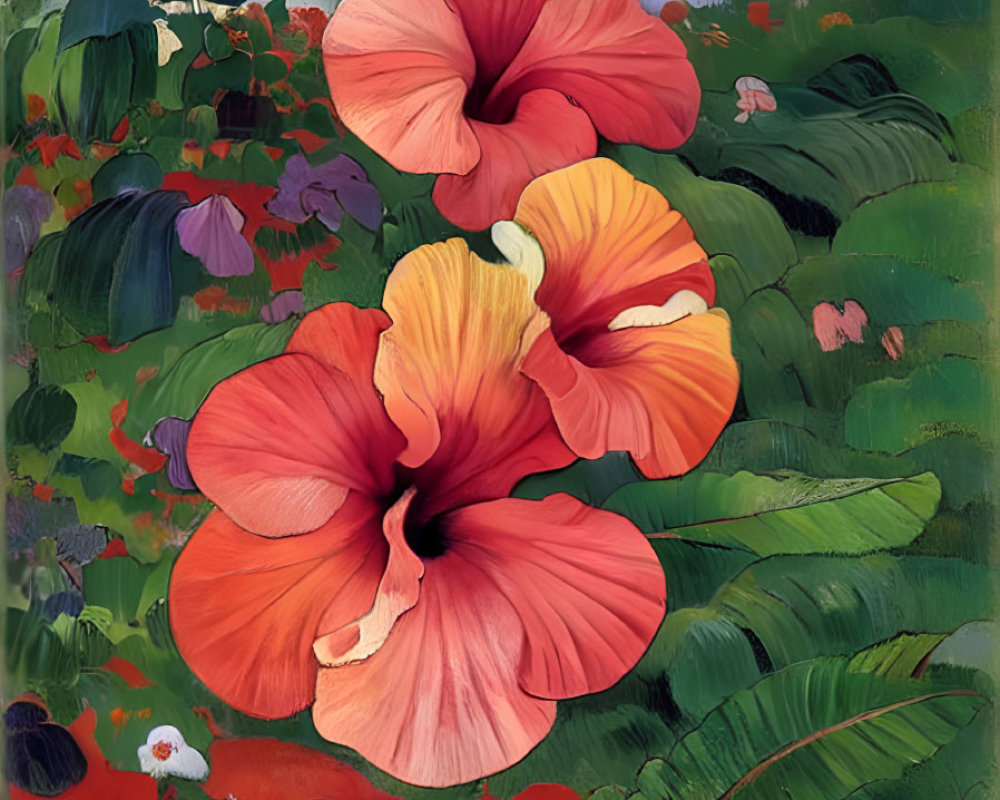 Colorful painting of red hibiscus flowers and lush green foliage