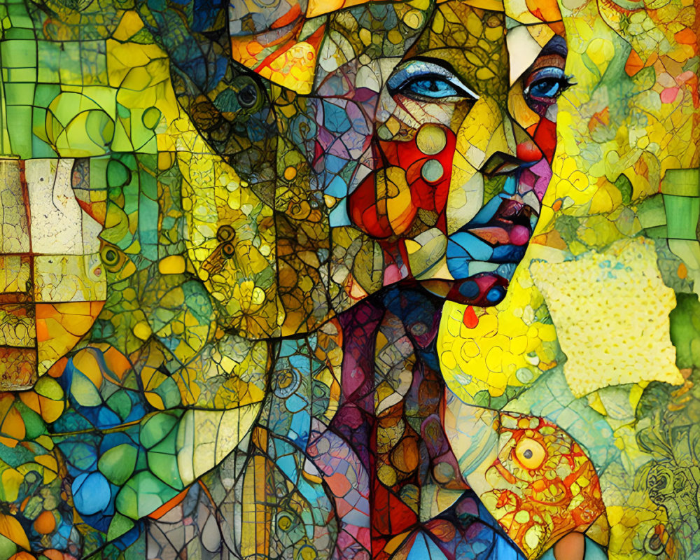 Vibrant mosaic art of two faces with intricate patterns