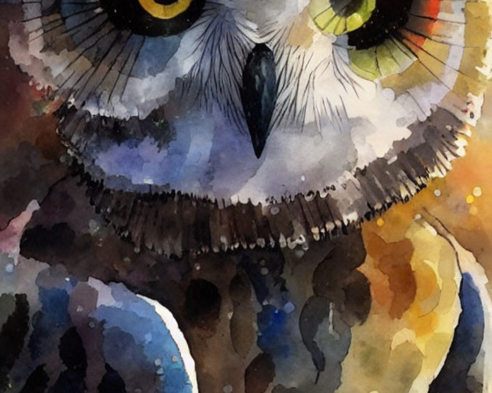 Vibrant watercolor owl painting with expressive eyes in earthy tones