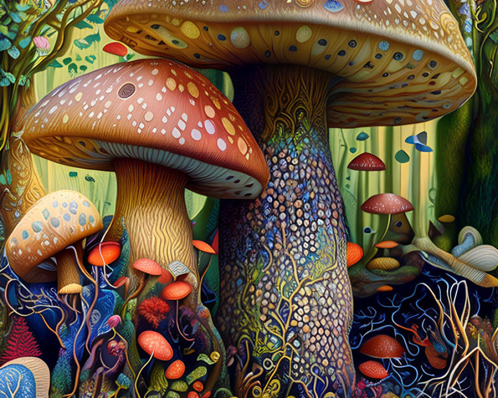 Colorful Illustration of Fantastical Mushroom Forest & Whimsical Flora