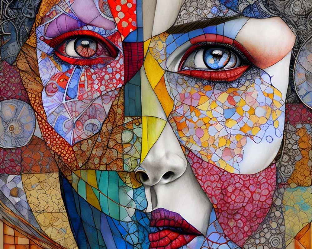 Vivid mosaic digital artwork of a woman's face with intricate patterns