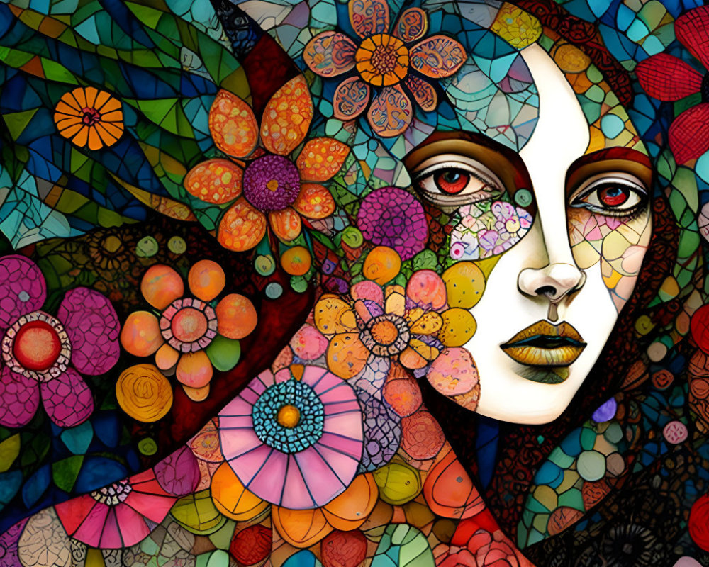 Vibrant mosaic flowers merge with woman's face in colorful design