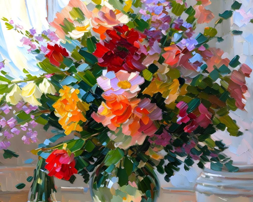 Colorful Impressionistic Painting of Multicolored Flowers in Glass Vase