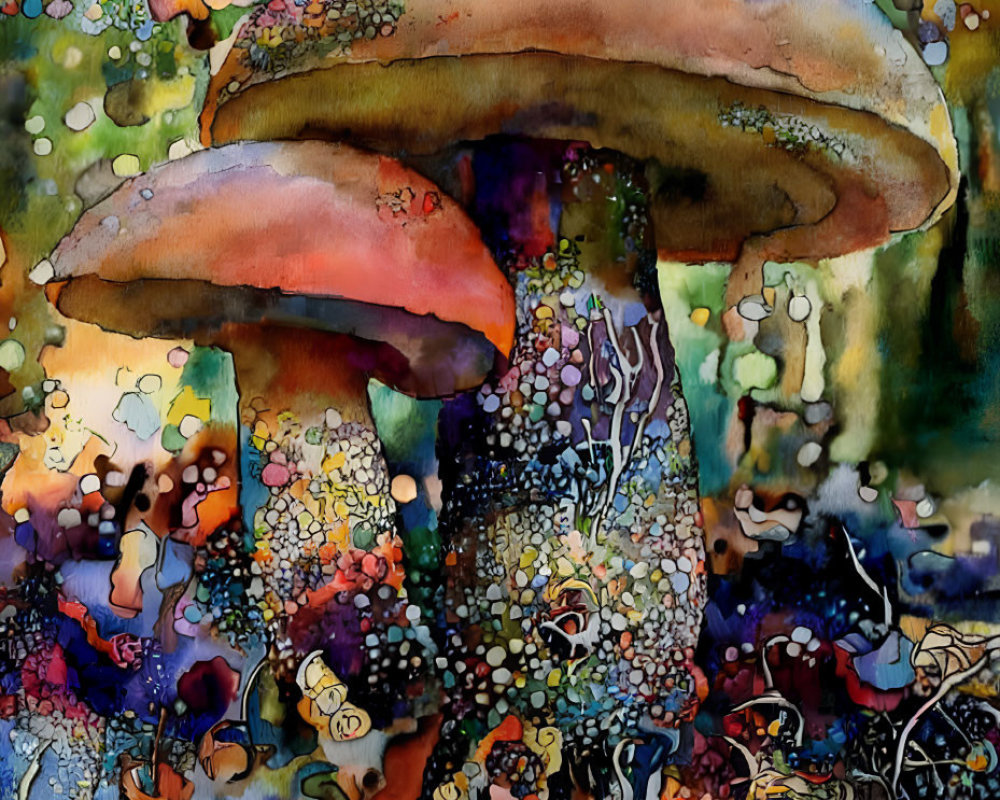 Colorful Watercolor Painting of Whimsical Mushrooms in Abstract Forest