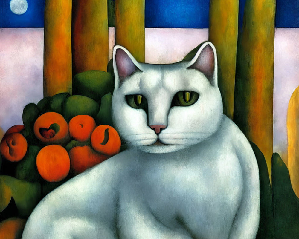 Stylized artwork of a white cat with yellow eyes in colorful nature