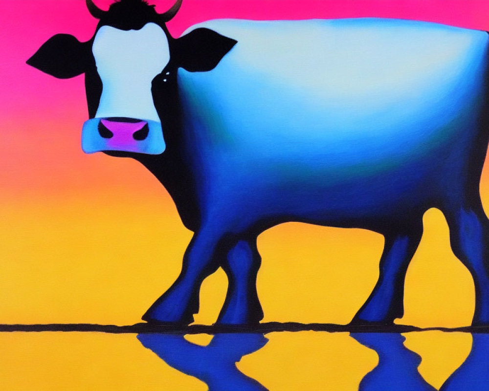 Colorful Cow Illustration with Blue Gradient on Pink and Yellow Background