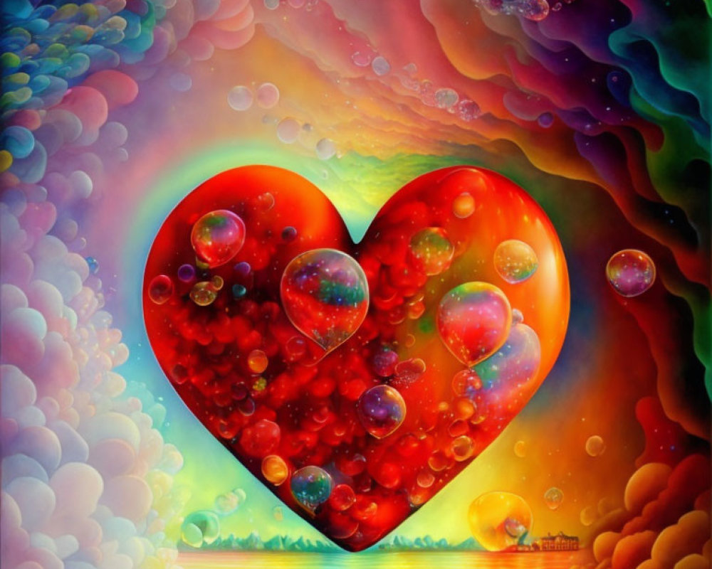 Colorful abstract image with vibrant heart center, bubbles, rainbow hues, and reflective water.