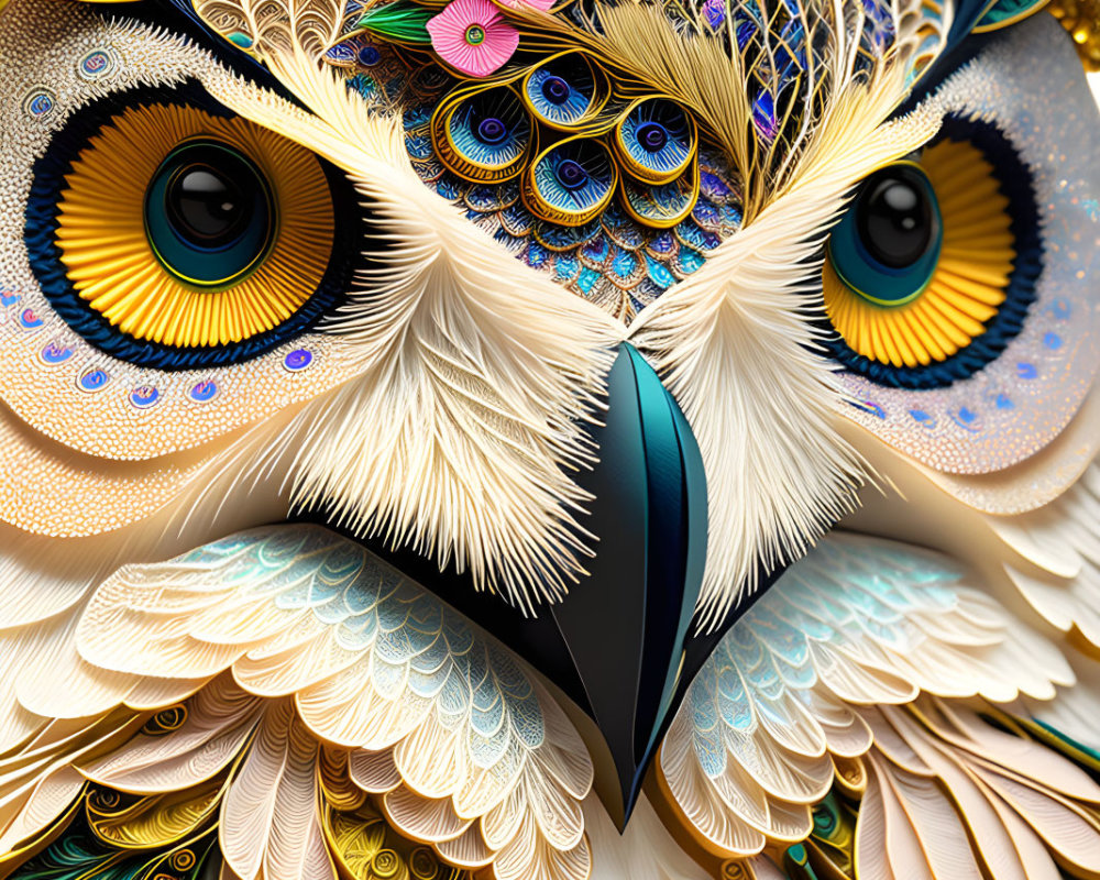 Colorful Owl Artwork with Eye-like Feather Patterns