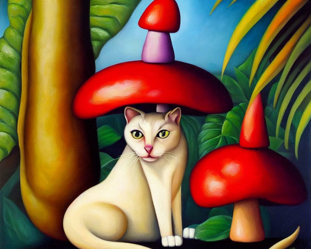 Colorful painting of a cat under red mushroom in tropical setting